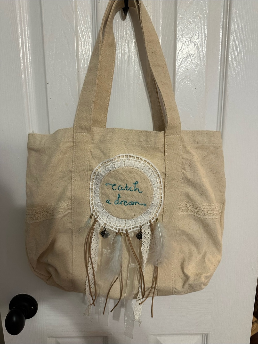 Altar'd State Cream Canvas Tote with Dreamcatcher Embellishment